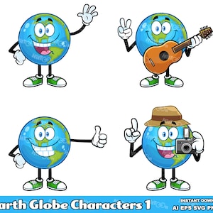 Earth Globe-stripfiguren 1. Bundelset digitale illustraties, vectorafbeeldingen en illustraties. AI. EPS. SVG-bestand. Png en jpg. Commercieel gebruik