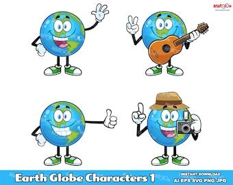 Earth Globe Cartoon Characters: Vector Graphic Illustrations (Commercial Use)