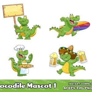 Crocodile Cartoon Mascot Character 1. Digital Clip Art Vector Graphic Illustrations Bundle Set. AI. EPS. SVG. Png and Jpg. Commercial Use