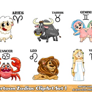6 Cartoon Zodiac Clipart Set - Digital Clipart Vector Graphic Bundle - Ai, Eps, Svg, Pdf, Png, Jpg - Commercial Use