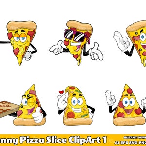 6 Lustiges Pizza Stück ClipArt 1. Digitale, handgezeichnete Grafik Illustrationen Bundle Set. AI. EPS. SVG. Png und Jpg. Kommerzielle Nutzung