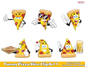 6 Funny Pizza Slice ClipArt 1. Digital Vector Hand Drawn Graphic Illustrations Bundle Set. AI. EPS. SVG. Png and Jpg. Commercial Use