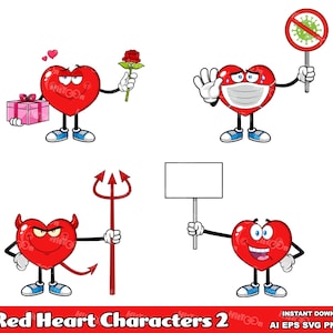 Rotes Herz Cartoon Charaktere 2. Digital Clip Art Graphische Illustrationen Bundle Set. AI. EPS. SVG. Png und Jpg. Kommerzielle Nutzung
