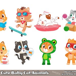 8 adorables gatitos bebés. Conjunto de ilustraciones gráficas vectoriales con imágenes prediseñadas digitales. AI. EPS. SVG. Png y Jpg. Uso comercial