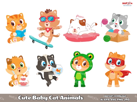 Cute Baby Cat Animals. Digital Clip Art Vector Graphic Illustrations Bundle Set. AI. EPS. SVG. Png and Jpg. Commercial Use