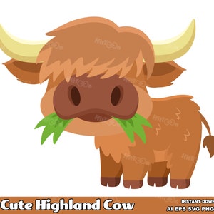 Lindo personaje de vaca de las Tierras Altas. Diseño plano. Ilustraciones gráficas vectoriales. AI. EPS. SVG. PDf. Png y Jpg. Sublimación y uso comercial