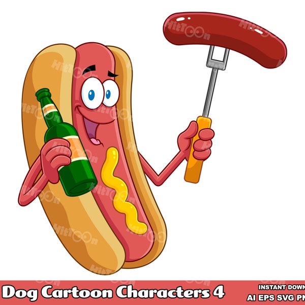 Hot Dog Cartoon Mascot Characters 4. Digital Clip Art Vector Graphic Illustrations Bundle Set. AI. EPS. SVG. Png and Jpg. Commercial Use