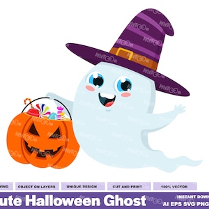 かわいいハロウィンゴースト漫画クリップアート - ベクターグラフィックイラスト - Ai、EPS、SVG、PDF、Png、Jpg - 商用利用無料