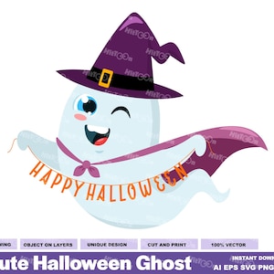かわいいハロウィンゴースト漫画クリップアート - ベクターグラフィックイラスト - Ai、EPS、SVG、PDF、Png、Jpg - 商用利用無料