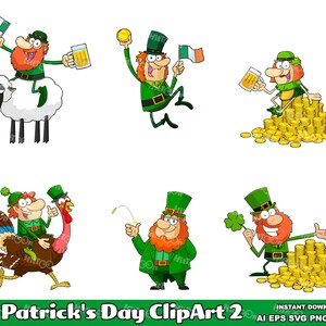 6 St. Patrick’s Day Cartoon Characters 2 – Clip Art Vector Graphic Illustrations Bundle – Ai, Eps, Svg, Pdf, Png, Jpg – Free Commercial Use