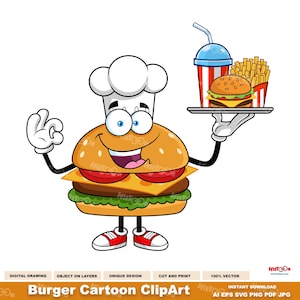 ハンバーガーの漫画クリップアート - デジタルクリップアートベクターグラフィックイラスト - Ai、EPS、SVG、PDF、Png、Jpg - 昇華転写と無料商用利用