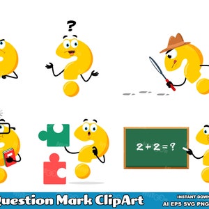 Puede incluir: Un conjunto de personajes de dibujos animados de signo de interrogación amarillo en varias poses. Los personajes llevan gafas, un sombrero de detective y sostienen una lupa, un libro y una pieza de rompecabezas. Un personaje está de pie frente a una pizarra con la ecuación 2+2=? escrita en ella.