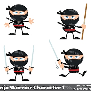 Personaggio dei cartoni animati Ninja Warrior 1 – Pacchetto di illustrazioni vettoriali clipart – Ai, Eps, Svg, Png, Jpg – Uso commerciale gratuito
