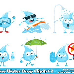 6 Blue Water Drop Cartoon ClipArt 2. Flat Design. Vector Graphic Illustrations Bundle Set. AI. EPS. SVG. PDf. Png and Jpg. Commercial Use
