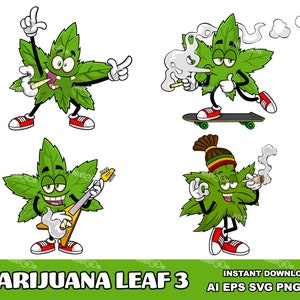 Marijuana Leaf Cartoon Mascot Characters 3. Digital Clip Art Vector Graphic Illustrations Bundle. AI. EPS. SVG. Png and Jpg. Commercial Use