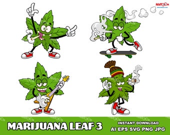 Marijuana Leaf Cartoon Mascot Characters 3. Digital Clip Art Vector Graphic Illustrations Bundle. AI. EPS. SVG. Png and Jpg. Commercial Use