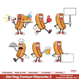 6 Hot Dog Cartoon Character 2 - Digital Clipart Vector Graphic Bundle Set- Ai, Eps, Svg, Pdf, Png, Jpg - Free Commercial Use