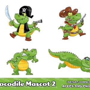 Krokodil Cartoon Maskottchen Character 2. Digital Clip Art Graphische Illustrationen Bundle Set. AI. EPS. SVG. Png und Jpg. Kommerzielle Nutzung