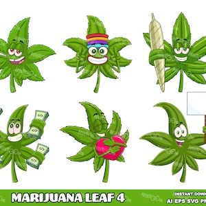6 Marijuana Leaf Cartoon Mascot Characters - Clipart Vector Graphic Bundle - Ai, Eps, Svg, Png, Jpg - Commercial Use