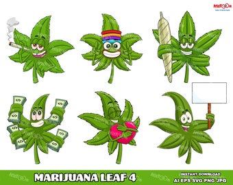 Marijuana Leaf Cartoon Mascot Clipart – Vector Graphic Bundle (Commercial Use)
