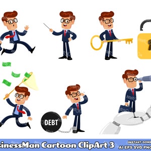 6 imágenes prediseñadas de dibujos animados de empresarios: diseño plano, paquete de gráficos vectoriales, Ai, Eps, Svg, Pdf, Png, Jpg, uso comercial