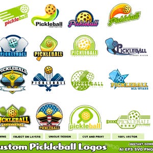 Peut inclure: Une collection de 12 logos de pickleball colorés. Les logos présentent différents styles, notamment une étoile, un drapeau et une pagaie et une balle. Le texte "Pickleball" est présenté dans chaque logo.
