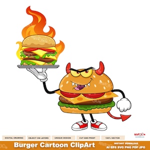 ハンバーガーの漫画クリップアート - デジタルクリップアートベクターグラフィックイラスト - Ai、EPS、SVG、PDF、Png、Jpg - 昇華転写と無料商用利用