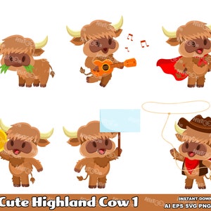 6 lindas vacas de las Tierras Altas. Conjunto de ilustraciones gráficas vectoriales de clip art plano. AI. EPS. SVG. Pdf. Png y Jpg. Sublimación y uso comercial