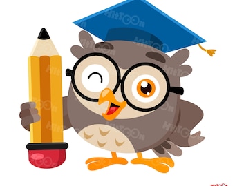 Eule Lehrer Zeichentrickfigur Hält Riesenbleistift Und Unterrichtsstunde – Vektor-Illustration, flaches Design – Ai, Eps, svg, Pdf, Png, Jpg