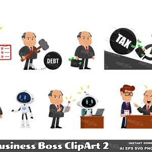 7 Business Boss Cartoon ClipArt 2. Vector Graphic Illustrations Bundle Set. AI. EPS. SVG. PDf. Png and Jpg. Sublimation Commercial Use