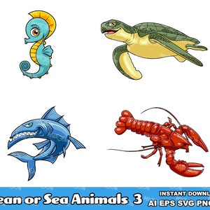 Ocean Or Sea Animals Cartoon Characters 3. Digital Clip Art Vector Graphic Illustrations Bundle. AI. EPS. SVG. Png and Jpg. Commercial Use