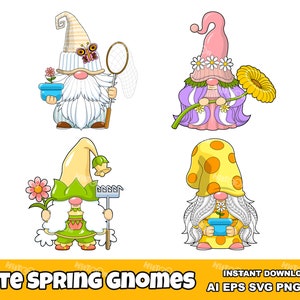 Cute Spring Gnomes Cartoon Characters. Digital Clip Art Vector Graphic Illustrations Bundle Set. AI. EPS. SVG. Png and Jpg. Commercial Use