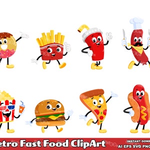 8 Retro Fast Food Characters – Flat Digital Clip Art Vector Graphic Illustrations Bundle – Ai, Eps, Svg, Pdf, Png, Jpg – Free Commercial Use