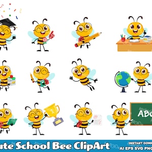 12 Cute School Bee Clipart - Flat Design Vector Graphic Bundle - Ai, Eps, Svg, Pdf, Png, Jpg - Sublimation and Free Commercial Use
