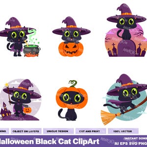 6 imágenes prediseñadas de gato negro de Halloween. Ilustraciones gráficas vectoriales de diseño plano. AI. EPS. SVG. PDf. Png y Jpg. Sublimación y uso comercial