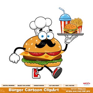 ハンバーガーの漫画クリップアート - デジタルクリップアートベクターグラフィックイラスト - Ai、EPS、SVG、PDF、Png、Jpg - 昇華転写と無料商用利用