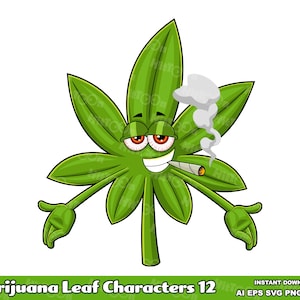 Marijuana Leaf Cartoon Characters 12. Digital Clip Art Vector Graphic Illustrations Bundle. AI. EPS. SVG. Pdf. Png and Jpg. Commercial Use