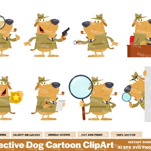 Detective Dog Cartoon Clipart - Vector Graphic Bundle - Ai, Eps, Svg, Pdf, Png, Jpg - Instant Download - Commercial Use
