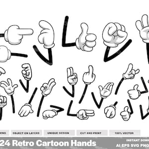 24 Retro Cartoon Hands in Gloves - Digital Clipart Vector Illustrations Bundle - Ai, Eps, Svg, Png, Jpg - Free Commercial Use