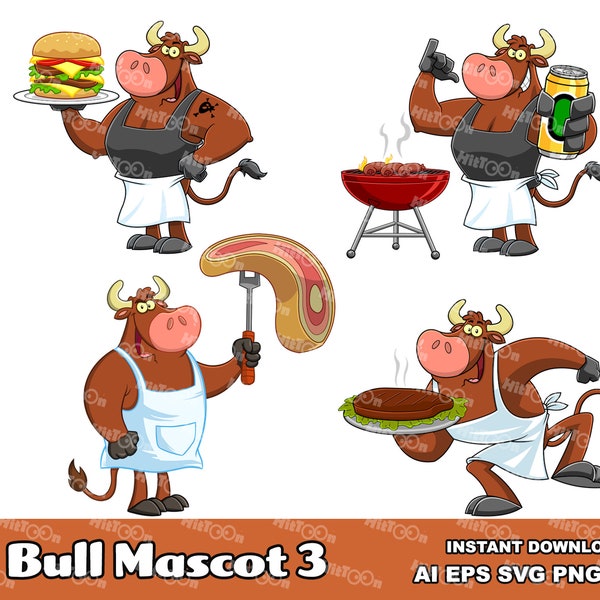 Bull Cartoon Mascot Character 3. Digital Clip Art Vector Graphic Illustrations Bundle Set. AI. EPS. SVG. Png and Jpg. Commercial Use