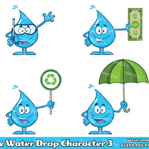 Blue Water Drop Cartoon Mascot Character 3. Digital Clip Art Vector Graphic Illustrations Bundle. AI. EPS. SVG. Png and Jpg. Commercial Use
