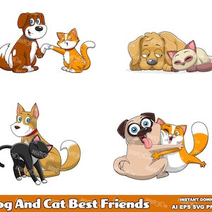 Personajes de dibujos animados de perros y gatos, mejores amigos. Paquete de ilustraciones vectoriales digitales. AI, EPS, SVG, PNG y JPG. Uso comercial.