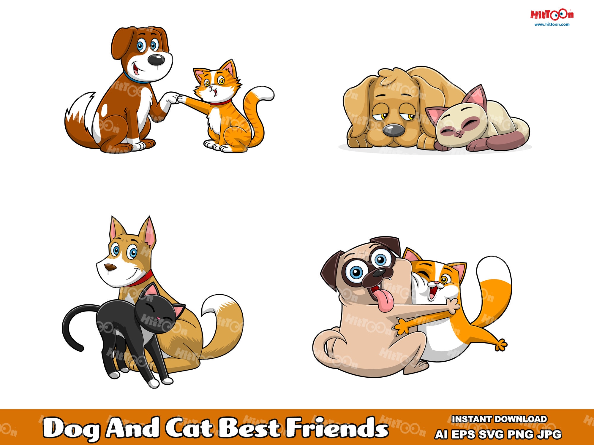 Hond en kat beste vrienden stripfiguren. Bundel met digitale Clip Art en  vector grafische illustraties. AI. EPS. SVG-bestand. Png en jpg.  Commercieel gebruik - Etsy België, image size:2000x1500