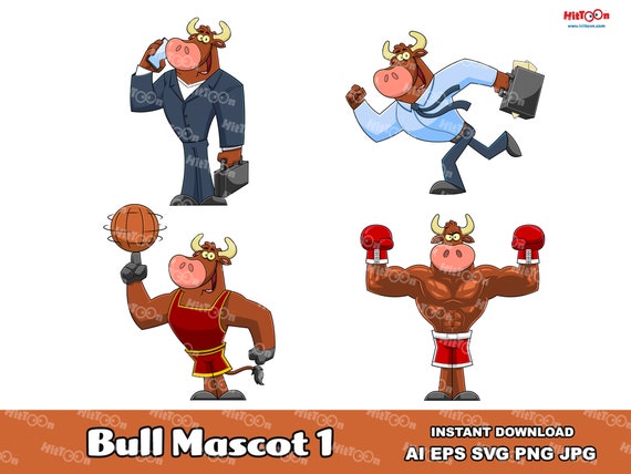 Bull Cartoon Mascot Character 1. Digital Clip Art Vector Graphic Illustrations Bundle Set. AI. EPS. SVG. Png and Jpg. Commercial Use