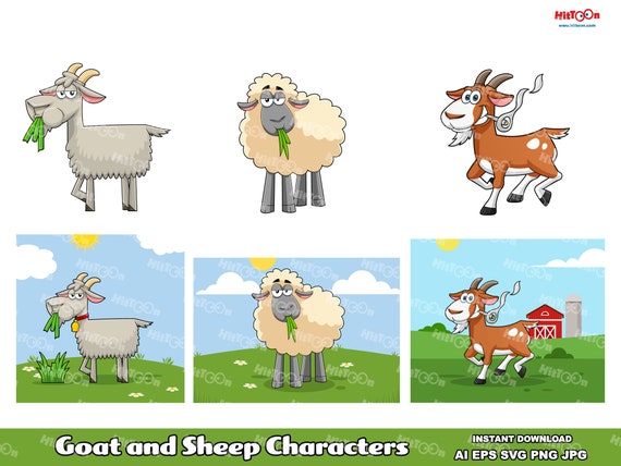 Goat and Sheep Characters. Digital Clip Art Vector Graphic Illustrations Bundle Set. AI. EPS. SVG. Png and Jpg. Commercial Use