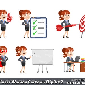 6 dibujos animados de mujeres de negocios. Diseño plano. Conjunto de ilustraciones gráficas vectoriales. AI. EPS. SVG. PDf. Png y Jpg. Uso comercial