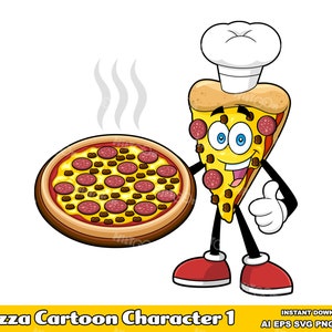 Pizza Cartoon Mascot Character 1. Digital Clip Art Vector Graphic Illustrations Bundle Set. AI. EPS. SVG. PDf. Png and Jpg. Commercial Use