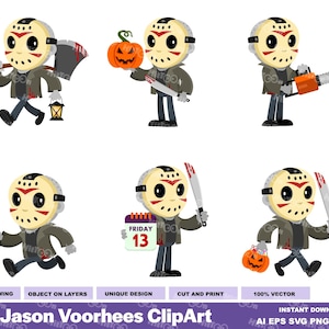 6 Jason Voorhees Cartoon Clipart - Flat Design Vector Graphic Bundle - Ai, Eps, Svg, Pdf, Png, Jpg - Free Commercial Use