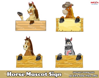 Horse Cartoon Mascot Characters Over A Sign Board. Clip Art Vector Graphic Illustrations Bundle. AI. EPS. SVG. Png and Jpg. Commercial Use