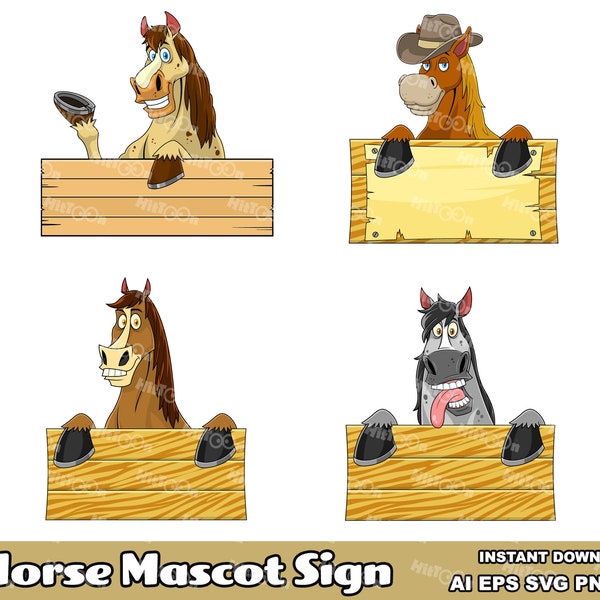 Horse Cartoon Mascot Characters Over A Sign Board. Clip Art Vector Graphic Illustrations Bundle. AI. EPS. SVG. Png and Jpg. Commercial Use